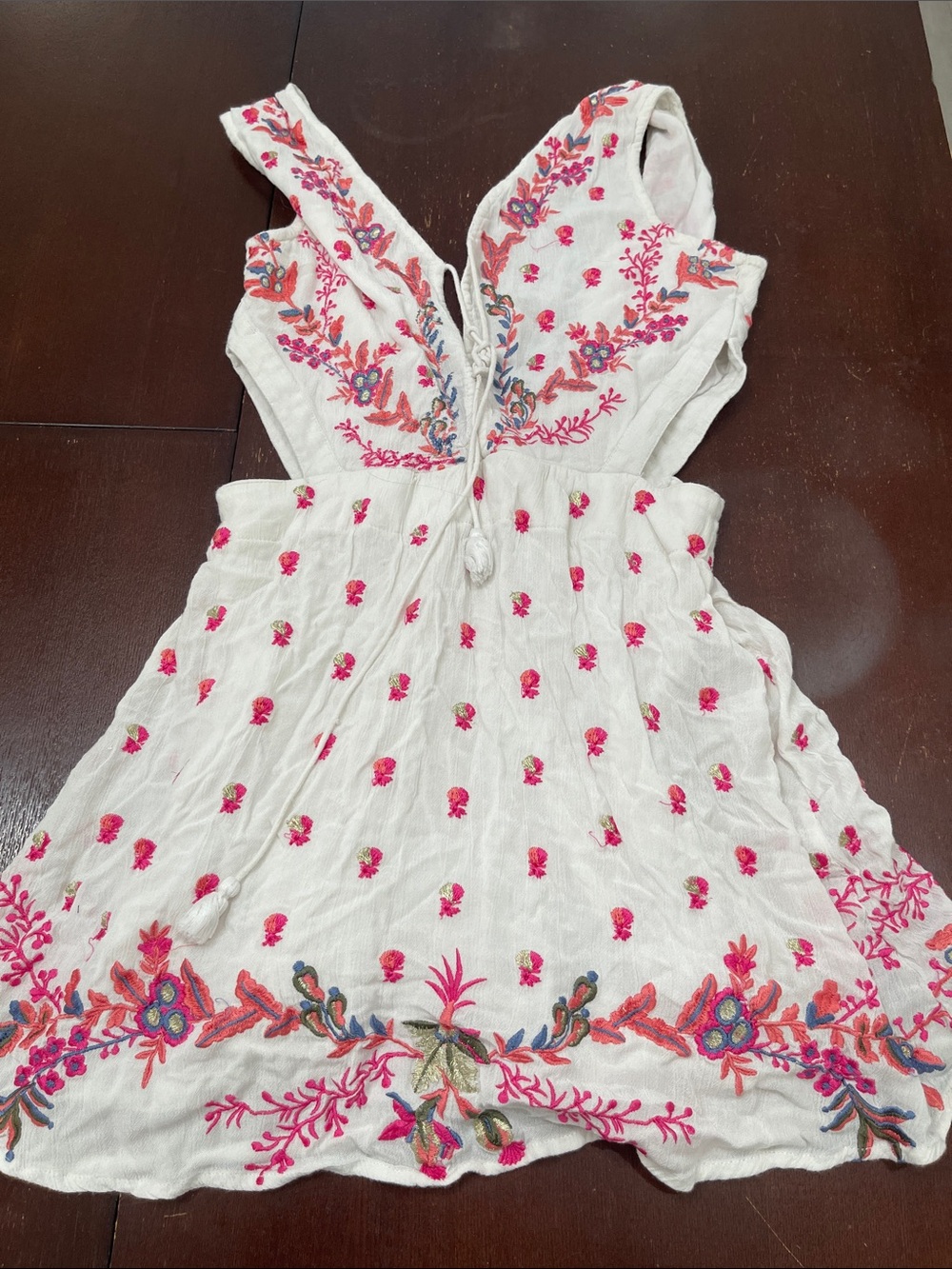 White Embroidered Summer Dress with Pink Floral Accents